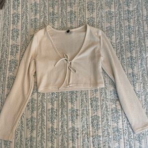 H&M Cream Ribbed Crop Top with Tie-Front